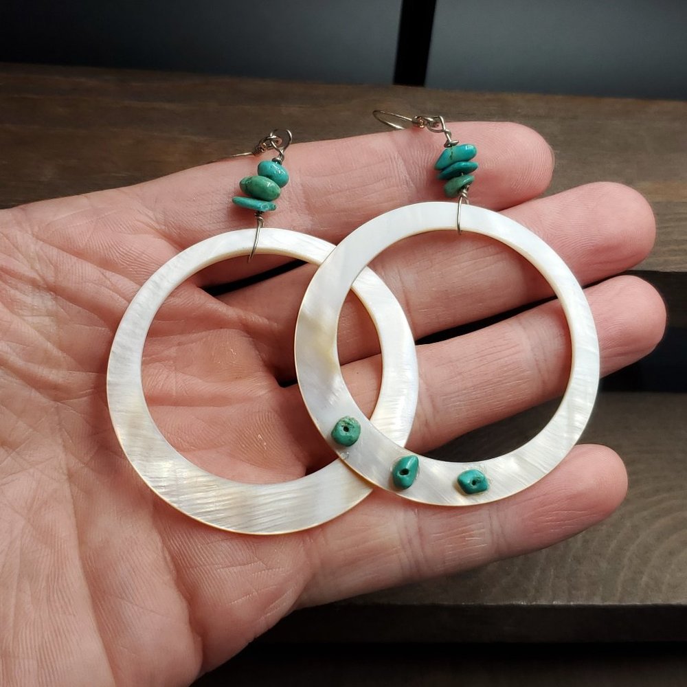 Sterling Silver Very Large Circle Shell Hoop Earrings